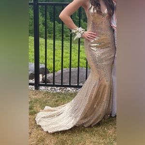 Champagne gold prom formal dress